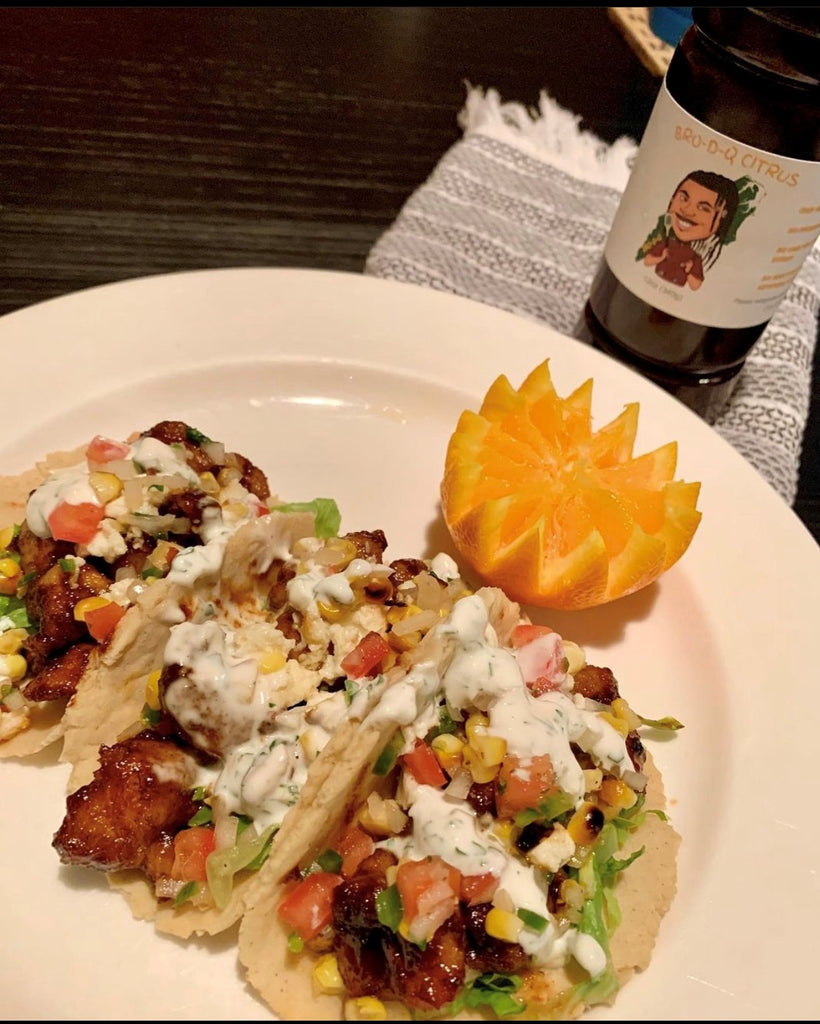 BRO-D-Q Citrus Chicken Taco with Roasted Corn Pico Salsa and Cilantro Creme